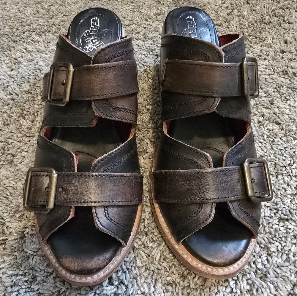Freebird Caprice Slides Low Block Heel Leather Buckle Dark Brown Sandals Size 8